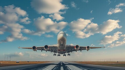 Poster - A airplane landing, blue sky, white clouds. Generative AI.