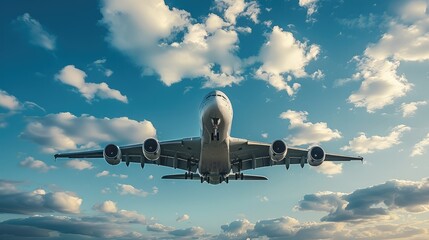 Poster - A airplane landing, blue sky, white clouds. Generative AI.