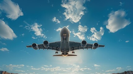 Poster - A airplane landing, blue sky, white clouds. Generative AI.