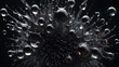  Black art glass ball splashes drops and micro macro splashes on black damp background.   AI generated image, ai