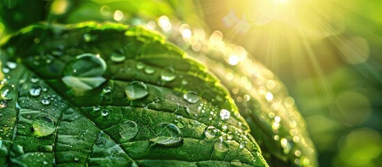 Wall Mural - Macro shot of large, clear raindrops glistening on a green leaf, with dew catching the morning sunlight. Nature's intricate leaf patterns create a stunning background.