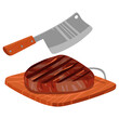 Wooden cutting board for slicing grilled meat with a large knife. Ready-made barbecue dish. Ideal for demonstrating recipes, cooking tips, advertising dishes, cooking tutorials. Vector illustration