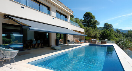 Poster - A big pool in summer from a terrace, the terrace is kept in the shade by a modern awning. Generative AI.