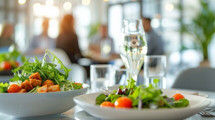 Vibrant gourmet salad plates in upscale restaurant with blurred people dining in background, bright, fresh colors evoke culinary delight and healthy dining trend.