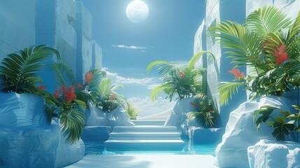 Aufkleber - 3d desert tropical landscape, in the style of architectural chic, calm and meditative, blue color palette. Generative AI.