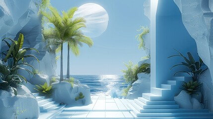 Aufkleber - 3d desert tropical landscape, in the style of architectural chic, calm and meditative, blue color palette. Generative AI.