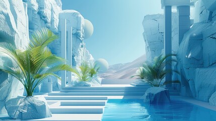 Aufkleber - 3d desert tropical landscape, in the style of architectural chic, calm and meditative, blue color palette. Generative AI.