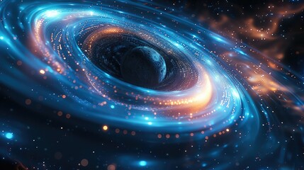 Poster - 3d rendering of black holes, abstract black holes and blue spirals glowing in space, science fiction background with cosmic light effects of planets or stars orbiting around. Generative AI.