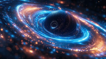 Wall Mural - 3d rendering of black holes, abstract black holes and blue spirals glowing in space, science fiction background with cosmic light effects of planets or stars orbiting around. Generative AI.
