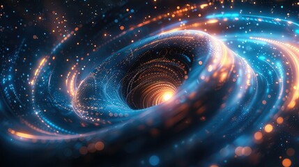Poster - 3d rendering of black holes, abstract black holes and blue spirals glowing in space, science fiction background with cosmic light effects of planets or stars orbiting around. Generative AI.