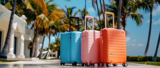 Wall Mural - Three holiday suitcases of different colors are lined up outside near some tropical paradise palm trees near the beach with a blue sky