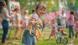 Photo of a young girl playing with colorful ribbons in the park, laughing and smiling as she weaves them into intricate patterns