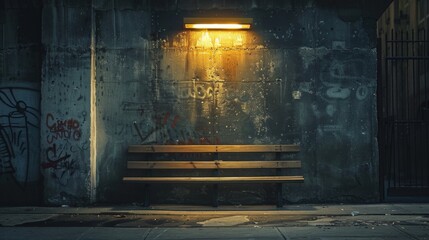 Canvas Print - A bench sitting on a concrete wall next to graffiti, AI