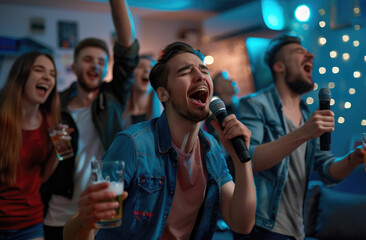 Wall Mural - A group of friends were having fun at home, singing karaoke and drinking beer in the living room