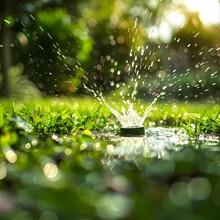 Lawn Sprinkler Efficiently Hydrating A Garden, Ensuring Lush Green Grass