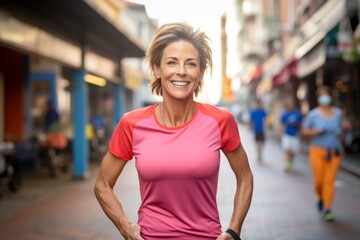 Wall Mural - Portrait of a grinning woman in her 50s wearing a moisture-wicking running shirt over vibrant market street background
