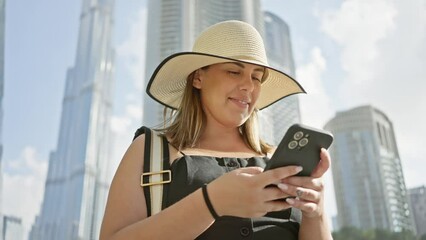 Wall Mural - A smiling woman with a hat uses a smartphone in front of the burj khalifa in dubai under a clear blue sky.