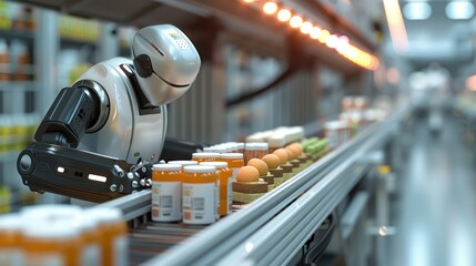 Poster - A Visual Quality Inspection robot examining food packaging on conveyor belt, focusing on the robot precise movement and detailed scanning process with various food packages passing by. Generative AI.