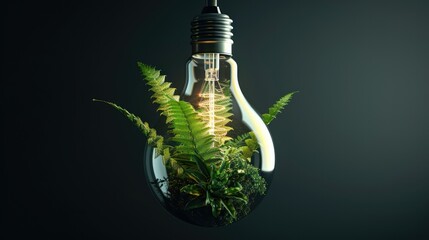 Wall Mural - A hyper-photorealistic light bulb with a jungle of ferns and plants only inside the bulb, hanging from the ceiling on a black background. Generative AI.