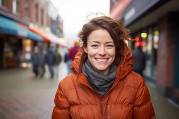 Wall Mural - Portrait of a grinning woman in her 20s donning a durable down jacket while standing against vibrant market street background