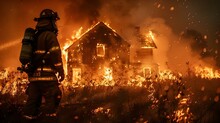 Heroic Firefighter Confronts Inferno To Save Lives. Concept Heroic Acts, Firefighter, Inferno, Saving Lives