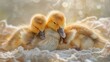 In the gentle morning glow, fluffy goslings huddle closely, showcasing their adorable features.
