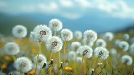 Poster - White fluffy dandelions weeds on grassland. Generative AI.