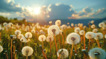 Poster - White fluffy dandelions weeds on grassland. Generative AI.