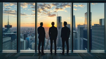 Aufkleber - Three lawyers are standing in a row and behind them is a window overlooking the city. Generative AI.