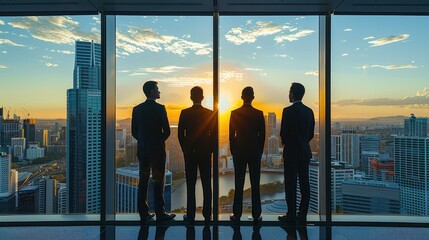 Aufkleber - Three lawyers are standing in a row and behind them is a window overlooking the city. Generative AI.