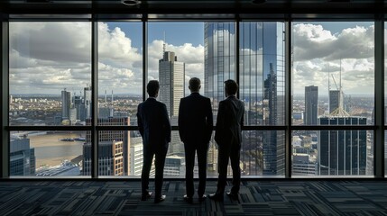 Aufkleber - Three lawyers are standing in a row and behind them is a window overlooking the city. Generative AI.