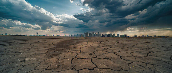 Wall Mural - flat expanse of low wide-angle cracked ground stretches to the horizon with a visible backdrop of the city skyline, tall buildings and dark clouds 