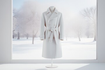 Poster - Elegant White Coat on Mannequin with Winter Background