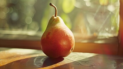 Sticker - Ripe pear on a wooden table. Autumn harvest. Selective focus.