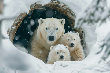 Wall Mural - A scene depicting a mother polar bear emerging from her winter den with two tiny cubs, their first g