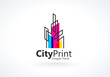 Logo City Print СMYK color Printing theme. Silhouette Buildings lines style. Template design vector. White background.