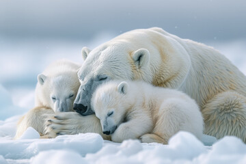 Wall Mural - A depiction of a quiet moment as the polar bear family rests on a thick pack of ice, the mother curl