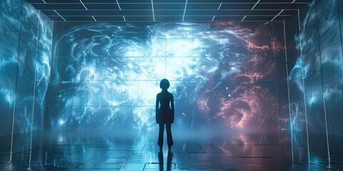 Aufkleber - A person standing in front of a large scale immersive display in a virtual production studio. Generative AI.