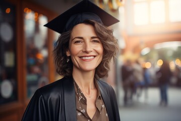 Wall Mural - Portrait of a grinning woman in her 50s dressed in a stylish blazer in front of lively classroom background