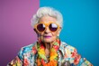 Portrait of a blissful elderly woman in her 90s wearing a trendy sunglasses isolated in lively classroom background