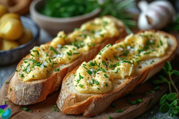 Wall Mural - Scrambled Eggs on Toast with Chives and Herbs on Wooden Board