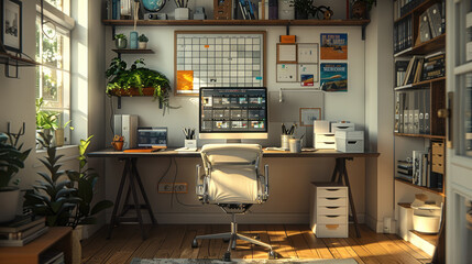 Fototapete - A home office designed with clear boundaries between work and personal life, a desk organized with only work-related items, a schedule on the wall outlining work hours and breaks. Generative AI.