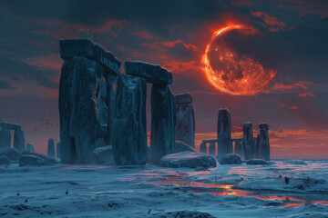 A depiction of ancient ruins, such as Stonehenge, with a lunar eclipse illuminating the sky above, c