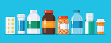 Group of Medicine bottles capsules vector illustration