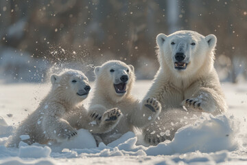 Wall Mural - A photograph capturing the moment when the polar bear cubs playfully tumble in the snow, their mothe