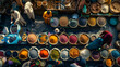 old arabic bazaar shopping in outdoor market vibrant, many spices, view from above