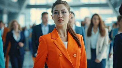 Poster - A successful businesswoman wearing an orange suit stands against the background of participants of the business forum. Communication, training, trainings, people with common interests in the office.