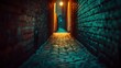 Mysterious narrow street with glowing lamppost at night surrounded by brick walls in perspective