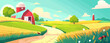 a painting of a country road leading to a red barn