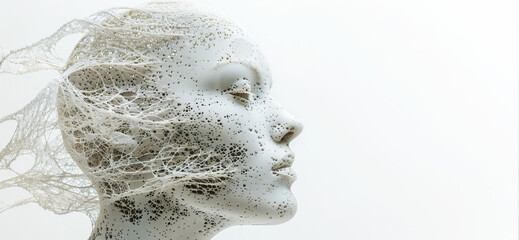 Digital human face. Dispersion dissolve disintegration. 3D Illustration